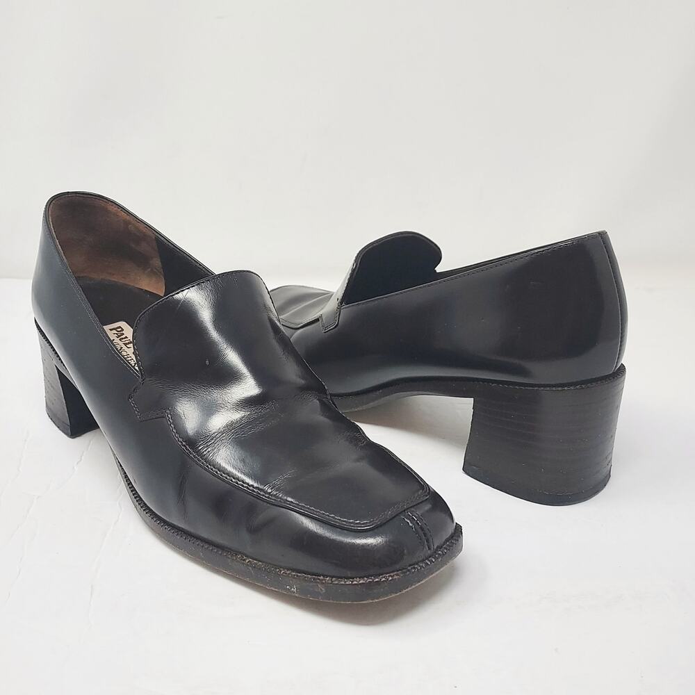 Paul Green Black Leather Heeled Loafers Size 6.5